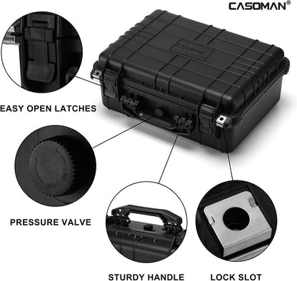 CASOMAN Water-proof and Dust-proof Protective Sturdy Plastic Storage Case with Cush-Proof Sponge and Customizable Foam, IP67 Water Proof Grade, 13.4" X 11.6" X 6"