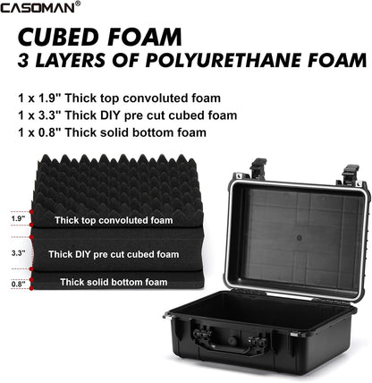 CASOMAN Water-proof and Dust-proof Protective Sturdy Plastic Storage Case with Cush-Proof Sponge and Customizable Foam, IP67 Water Proof Grade, 13.4" X 11.6" X 6"