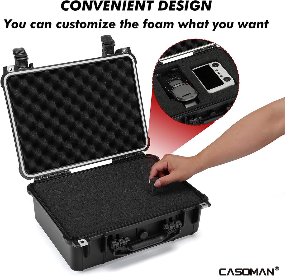 CASOMAN Water-proof and Dust-proof Protective Sturdy Plastic Storage Case with Cush-Proof Sponge and Customizable Foam, IP67 Water Proof Grade, 13.4" X 11.6" X 6"
