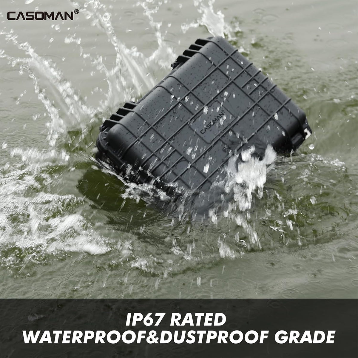 CASOMAN Water-proof and Dust-proof Protective Sturdy Plastic Storage Case with Cush-Proof Sponge and Customizable Foam, IP67 Water Proof Grade, 13.4" X 11.6" X 6"