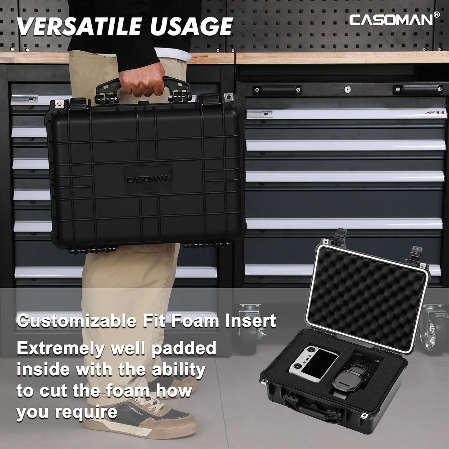 CASOMAN Water-proof and Dust-proof Protective Sturdy Plastic Storage Case with Cush-Proof Sponge and Customizable Foam, IP67 Water Proof Grade, 13.4" X 11.6" X 6"