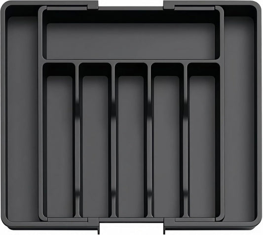 Expandable Large Silverware Tray For Drawer Organizer, Kitchen Cooking Utensil Drawer Organizer For Spoons Forks Knives, Adjustable Cutlery Flatware Holder 13"-22.4" X 14.7" X 2" (Black)