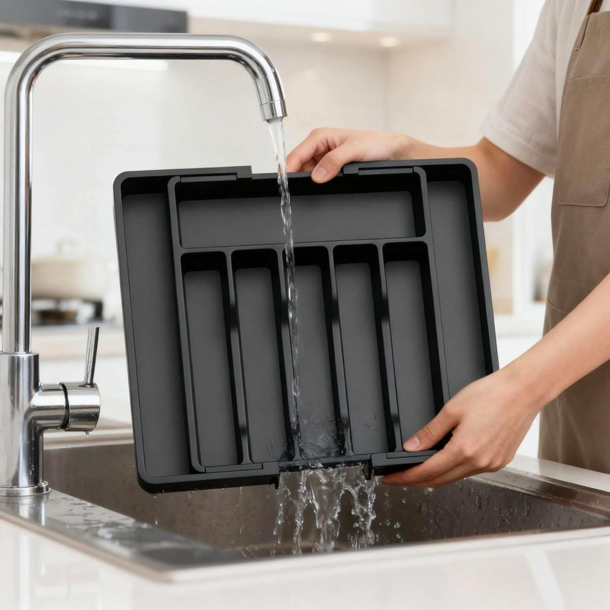 Expandable Large Silverware Tray For Drawer Organizer, Kitchen Cooking Utensil Drawer Organizer For Spoons Forks Knives, Adjustable Cutlery Flatware Holder 13"-22.4" X 14.7" X 2" (Black)