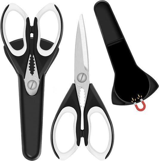 2 Pack Sharp Kitchen Scissors Set with Magnetic Holder, Heavy Duty Kitchen Shears Meat Scissors, Multifunctional Stainless Steel Cooking Poultry Scissors for Household School Picnic（White）