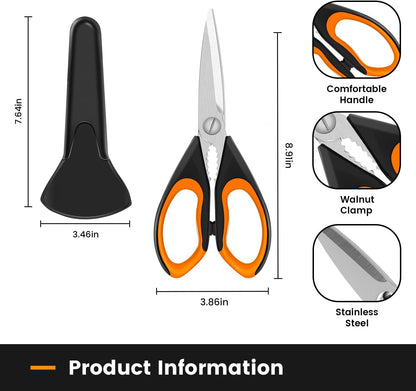 2 Pack Sharp Kitchen Scissors Set with Magnetic Holder, Heavy Duty Kitchen Shears Meat Scissors, Multifunctional Stainless Steel Cooking Poultry Scissors for Household School Picnic（White）