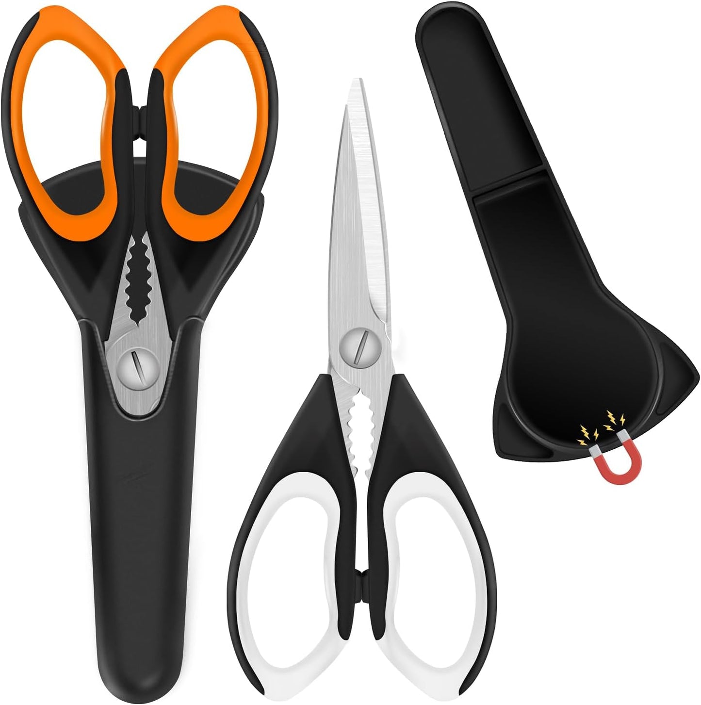 2 Pack Sharp Kitchen Scissors Set with Magnetic Holder, Heavy Duty Kitchen Shears Meat Scissors, Multifunctional Stainless Steel Cooking Poultry Scissors for Household School Picnic（White）
