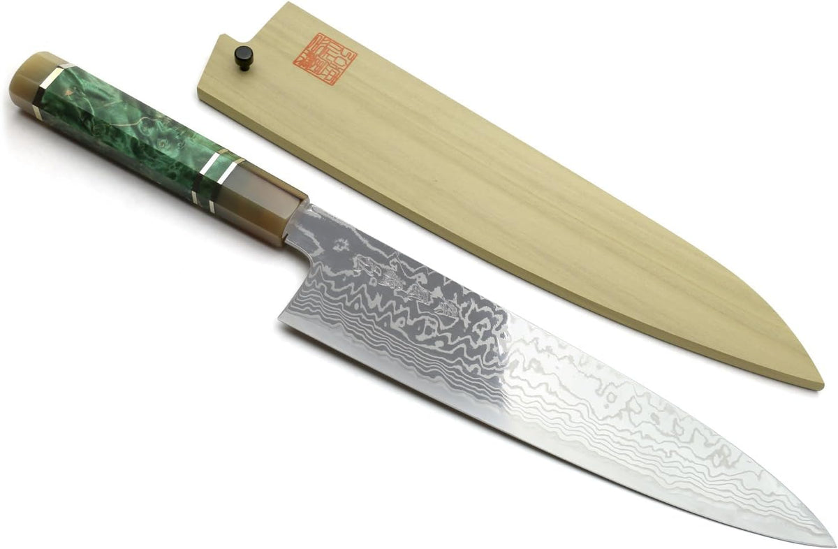 Yoshihiro HAP40 High Speed Stainless Steel Suminagashi Gyuto Chefs Knife Triple Ring Stabilized Maple Burl Handle (8.25"(210mm) & Saya)