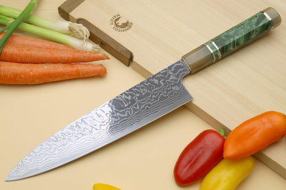 Yoshihiro HAP40 High Speed Stainless Steel Suminagashi Gyuto Chefs Knife Triple Ring Stabilized Maple Burl Handle (8.25"(210mm) & Saya)