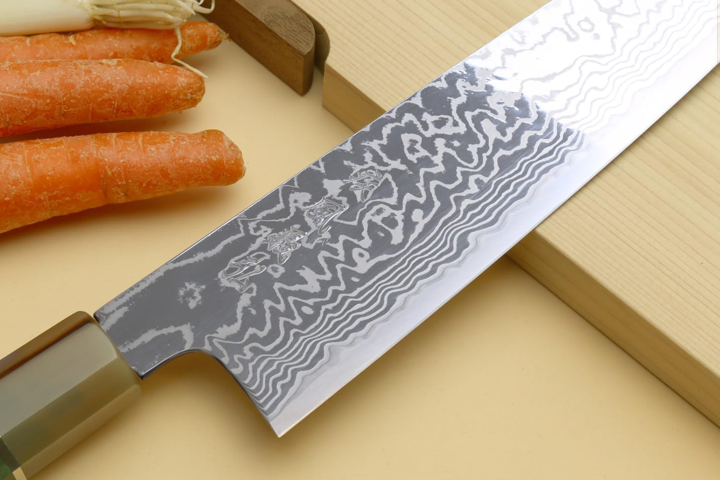 Yoshihiro HAP40 High Speed Stainless Steel Suminagashi Gyuto Chefs Knife Triple Ring Stabilized Maple Burl Handle (8.25"(210mm) & Saya)