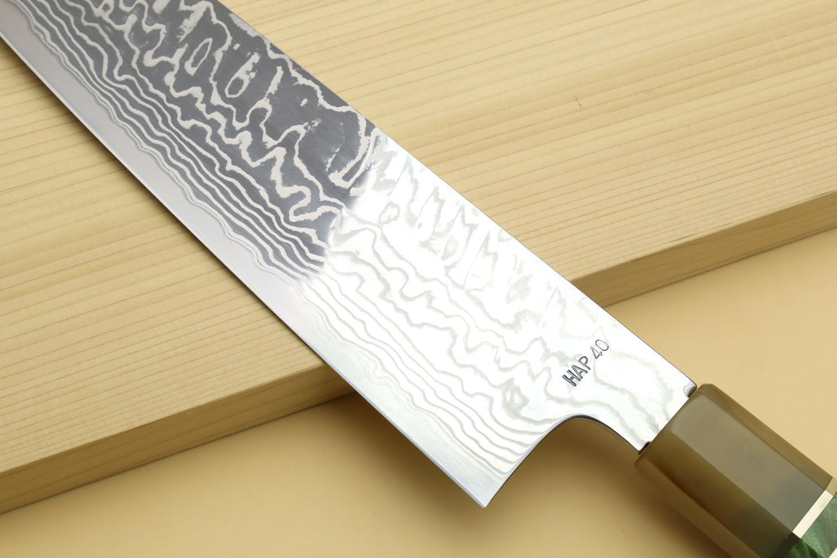 Yoshihiro HAP40 High Speed Stainless Steel Suminagashi Gyuto Chefs Knife Triple Ring Stabilized Maple Burl Handle (8.25"(210mm) & Saya)