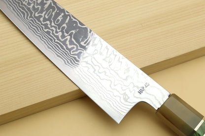 Yoshihiro HAP40 High Speed Stainless Steel Suminagashi Gyuto Chefs Knife Triple Ring Stabilized Maple Burl Handle (8.25"(210mm) & Saya)