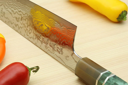 Yoshihiro HAP40 High Speed Stainless Steel Suminagashi Gyuto Chefs Knife Triple Ring Stabilized Maple Burl Handle (8.25"(210mm) & Saya)