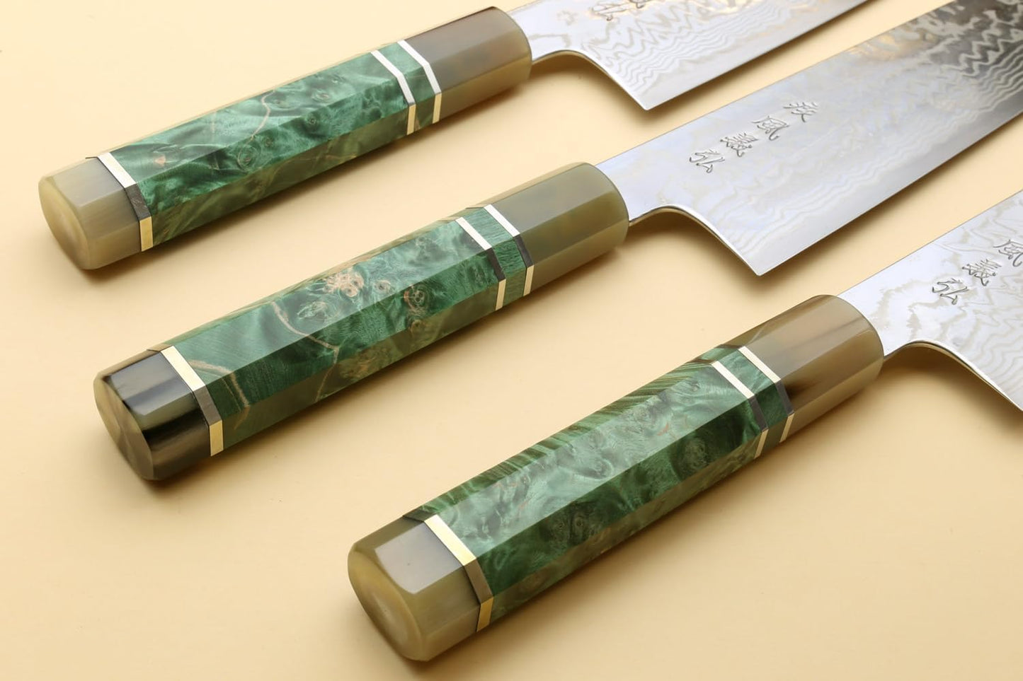 Yoshihiro HAP40 High Speed Stainless Steel Suminagashi Gyuto Chefs Knife Triple Ring Stabilized Maple Burl Handle (8.25"(210mm) & Saya)