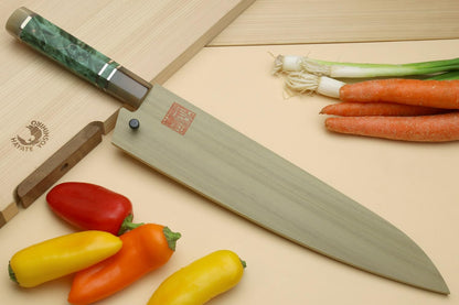 Yoshihiro HAP40 High Speed Stainless Steel Suminagashi Gyuto Chefs Knife Triple Ring Stabilized Maple Burl Handle (8.25"(210mm) & Saya)