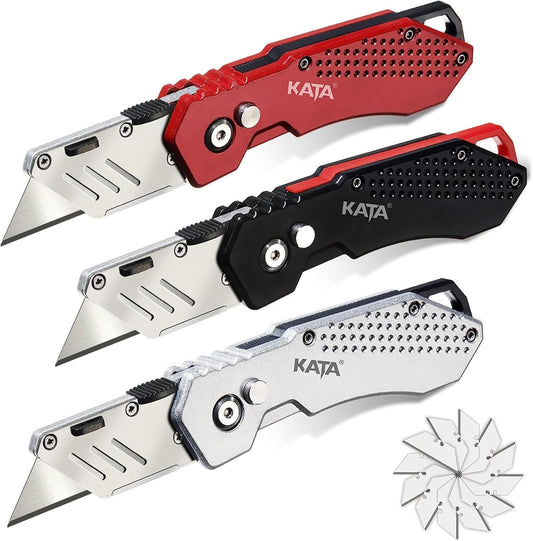 3 Pack Folding Utility Knife Set, Heavy Duty Box Cutters with Blades | Zinc Alloy Folding Utility Knives, Quick Change Blades, Lock-Back Design, Extra 12pc Blades for Cartons, Cardboard, Boxes