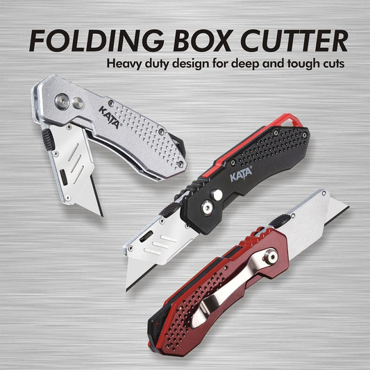 3 Pack Folding Utility Knife Set, Heavy Duty Box Cutters with Blades | Zinc Alloy Folding Utility Knives, Quick Change Blades, Lock-Back Design, Extra 12pc Blades for Cartons, Cardboard, Boxes