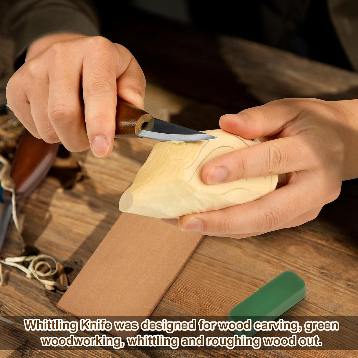 Wood Carving Knife With Leather Strop and Polishing Compound,Whittling Knife,Wood Carving Tools for Beginners,Adults and Kids Whittling Tools (Sloyd Carving Knife)