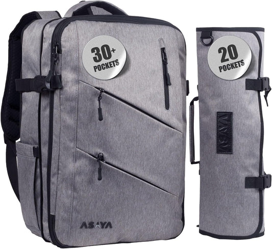Asaya Chef Knife Backpack with 20-Pocket Knife Roll Bag - Over 30 Storage Pockets Chef Bag, Professional Backpack for Chefs and Culinary Students – Knives Not Included (Grey)