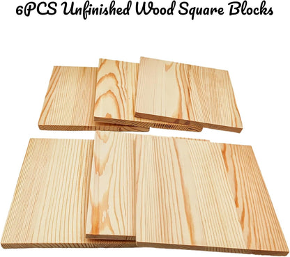 6PCS Unfinished Wood Square Blocks for Crafts, 6x6x1in Blank Wooden Squares Pine Wood Boards for Carving,DIY Wood Coasters,Painting & Burning