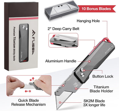 Advanced Titanium Utility Knife, CNC Unibody, Lightweight All Metal Folding Box Cutter, Quick Change Blade Razor Knife,Ideal Gifts for Men Women, with 10 Extra Blades