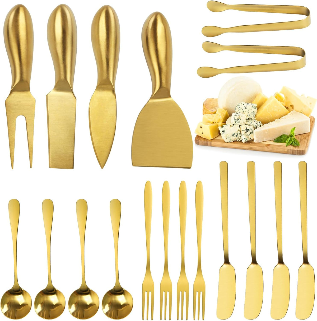 18 pieces Charcuterie Board Accessories, Gold Stainless Steel Cheese Knives, Butter Knife Spreader, Appetizer Forks, Mini Serving Tongs Spoons for Gathering Wedding Birthday...