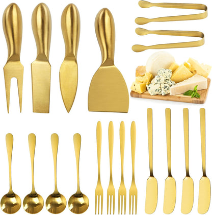 18 pieces Charcuterie Board Accessories, Gold Stainless Steel Cheese Knives, Butter Knife Spreader, Appetizer Forks, Mini Serving Tongs Spoons for Gathering Wedding Birthday...