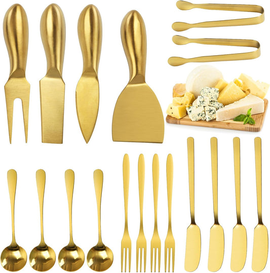 18 pieces Charcuterie Board Accessories, Gold Stainless Steel Cheese Knives, Butter Knife Spreader, Appetizer Forks, Mini Serving Tongs Spoons for Gathering Wedding Birthday...