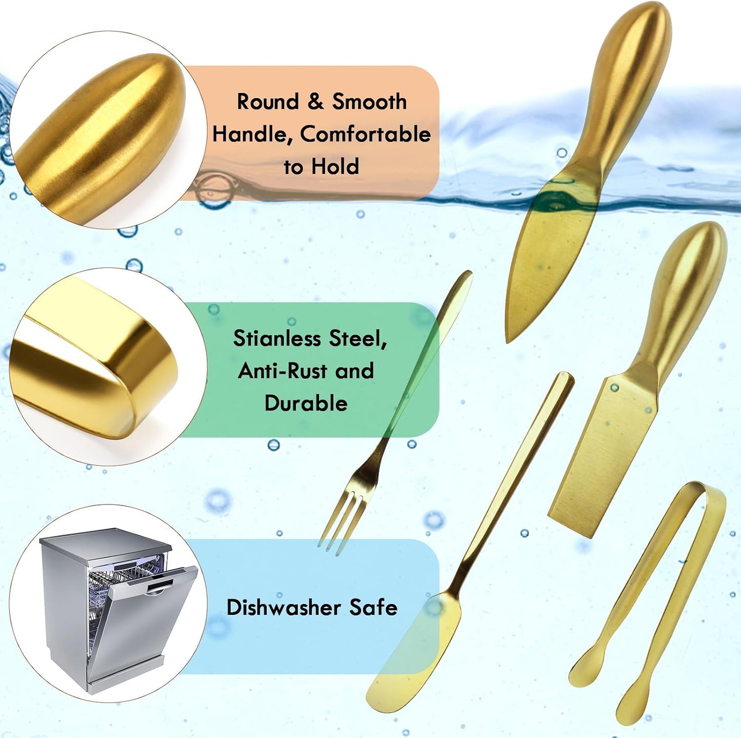 18 pieces Charcuterie Board Accessories, Gold Stainless Steel Cheese Knives, Butter Knife Spreader, Appetizer Forks, Mini Serving Tongs Spoons for Gathering Wedding Birthday...