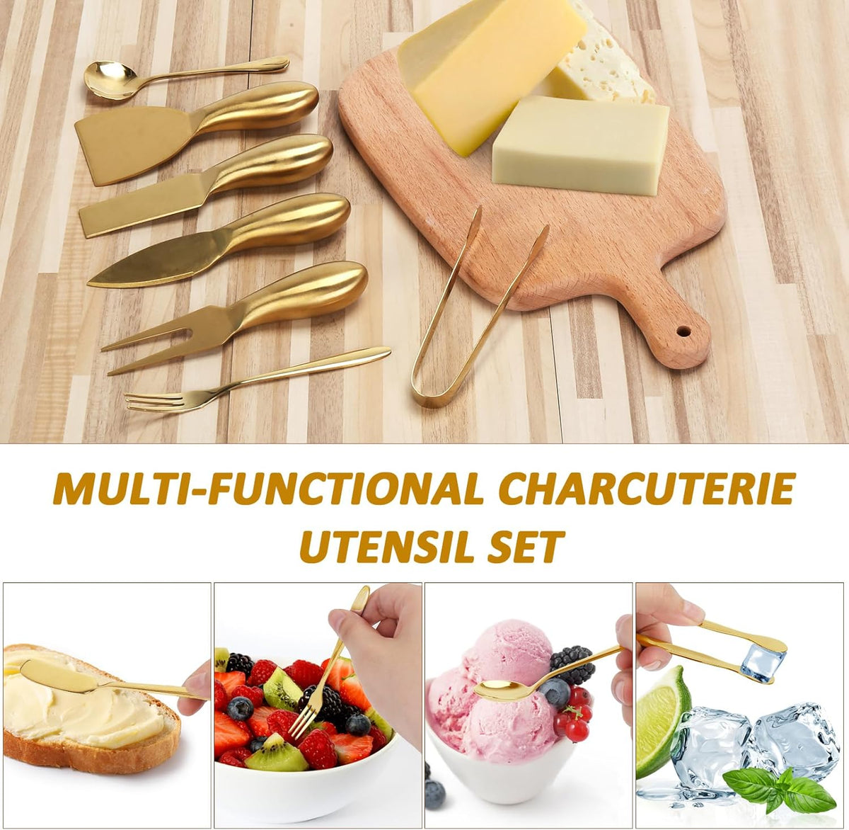 18 pieces Charcuterie Board Accessories, Gold Stainless Steel Cheese Knives, Butter Knife Spreader, Appetizer Forks, Mini Serving Tongs Spoons for Gathering Wedding Birthday...