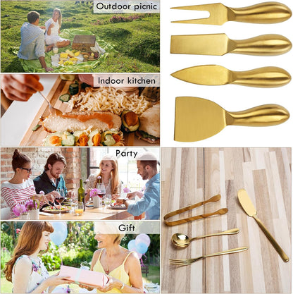 18 pieces Charcuterie Board Accessories, Gold Stainless Steel Cheese Knives, Butter Knife Spreader, Appetizer Forks, Mini Serving Tongs Spoons for Gathering Wedding Birthday...