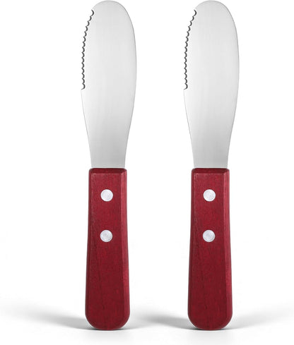 2pcs Stainless Steel Butter Spreader Knife with Wooden Handle, Long Handle Red & Steel Color, Kitchen Tools for Sandwich Cream Condiments