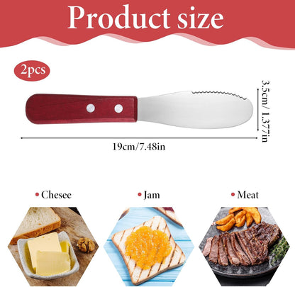 2pcs Stainless Steel Butter Spreader Knife with Wooden Handle, Long Handle Red & Steel Color, Kitchen Tools for Sandwich Cream Condiments