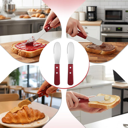 2pcs Stainless Steel Butter Spreader Knife with Wooden Handle, Long Handle Red & Steel Color, Kitchen Tools for Sandwich Cream Condiments