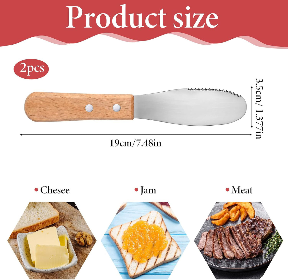 2pcs Stainless Steel Butter Spreader Knife with Wooden Handle, Long Handle Red & Steel Color, Kitchen Tools for Sandwich Cream Condiments