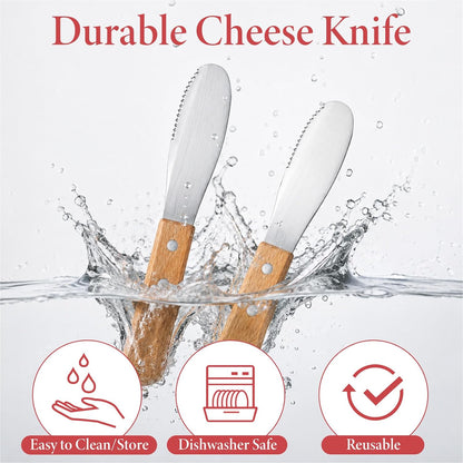 2pcs Stainless Steel Butter Spreader Knife with Wooden Handle, Long Handle Red & Steel Color, Kitchen Tools for Sandwich Cream Condiments