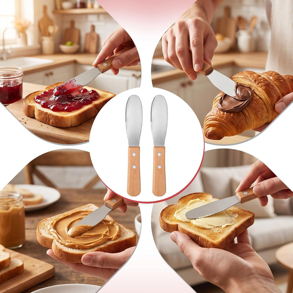 2pcs Stainless Steel Butter Spreader Knife with Wooden Handle, Long Handle Red & Steel Color, Kitchen Tools for Sandwich Cream Condiments
