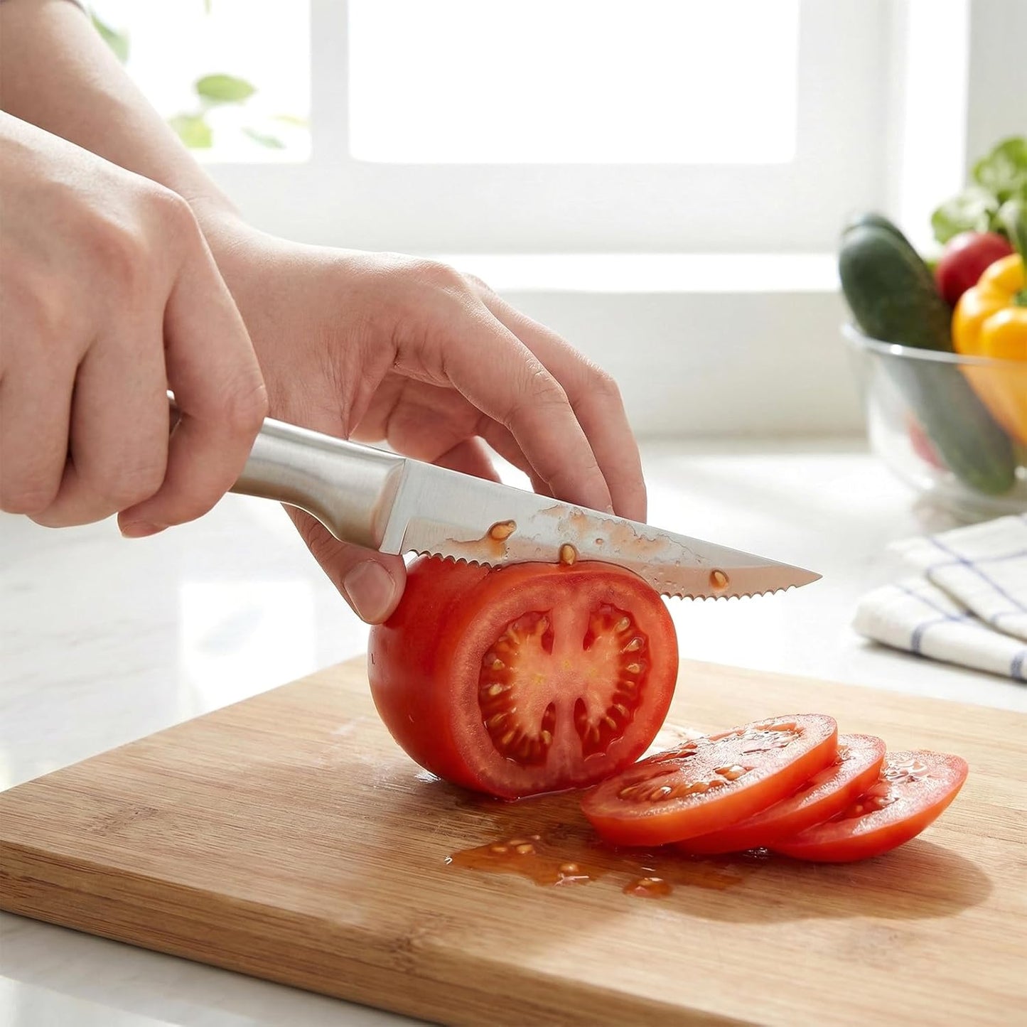 Tomato Knife, Stainless Steel Serrated Blade Tomato Slicing Knives for Precise and Smooth Cutting Tomatoes, Vegetables, Veggies, Fruits, Onions(8.9 inch)