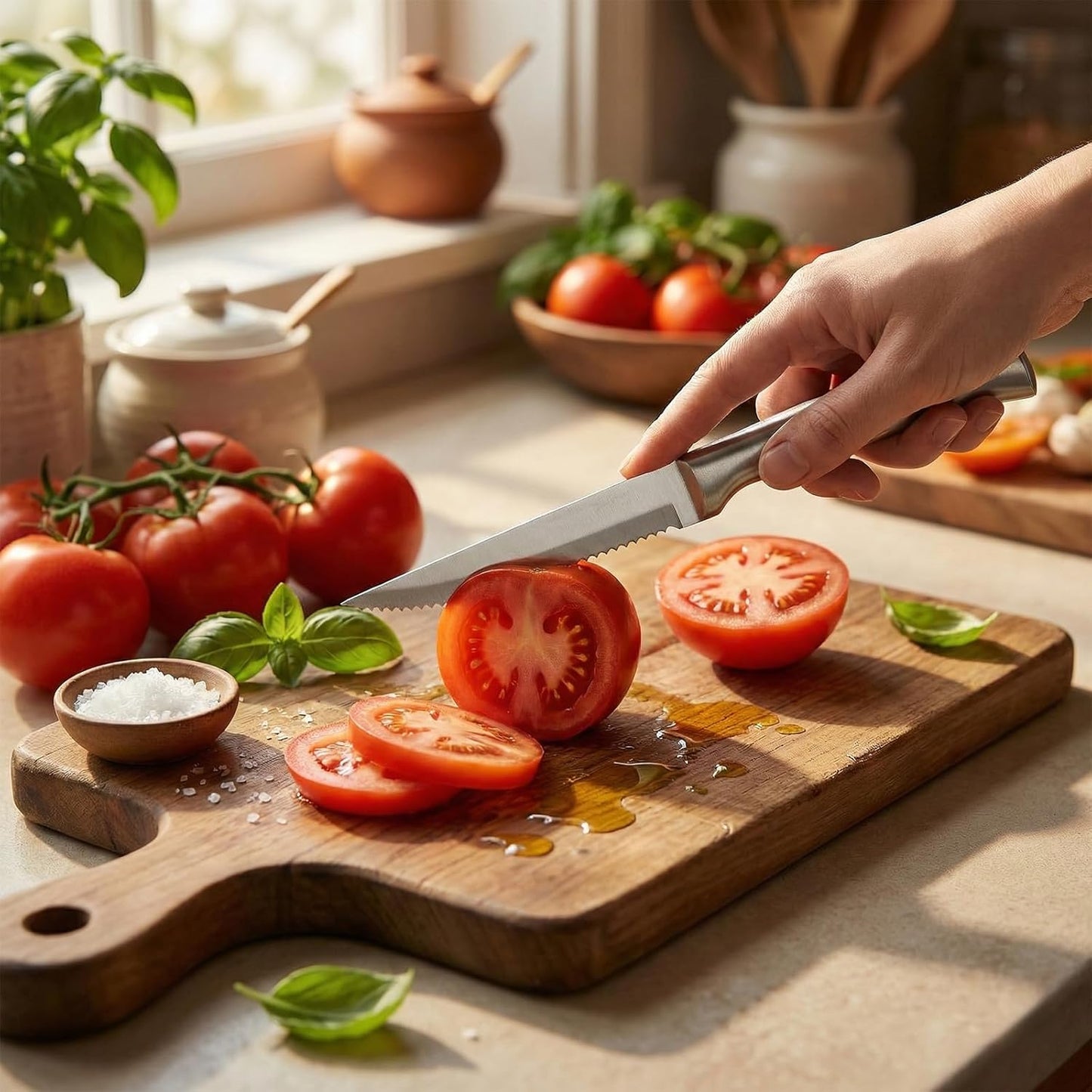Tomato Knife, Stainless Steel Serrated Blade Tomato Slicing Knives for Precise and Smooth Cutting Tomatoes, Vegetables, Veggies, Fruits, Onions(8.9 inch)
