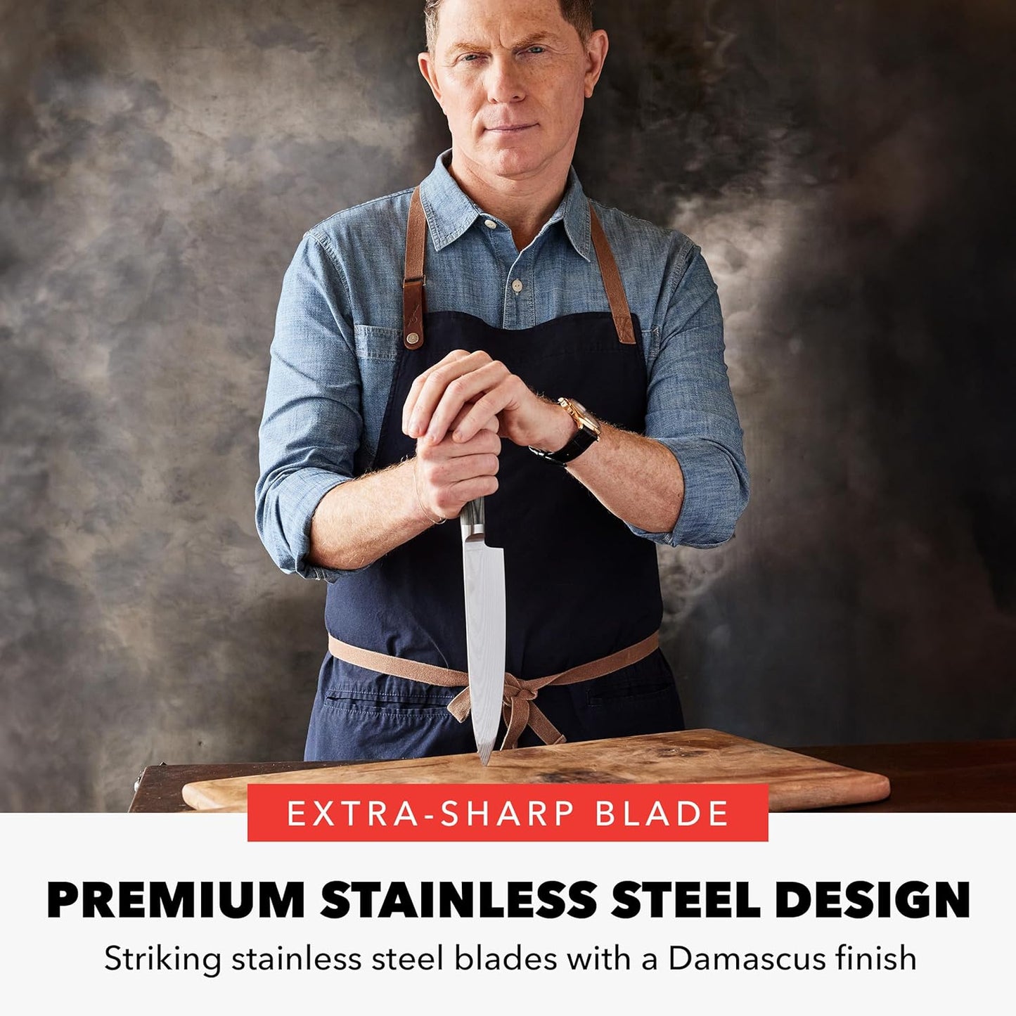 x Bobby Flay 5” & 7” Santoku Knife Set, Premium Stainless Steel Blades, Precision Cutting Kitchen Tools, Ultra-Sharp Cutlery, Hand Finished Ergonomic Wood Handle, Damascus Steel Design