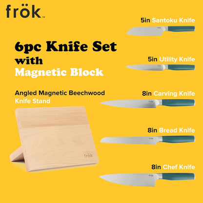 Frok 6 Piece German Steel Knife Set W/Magnetic Block - Green