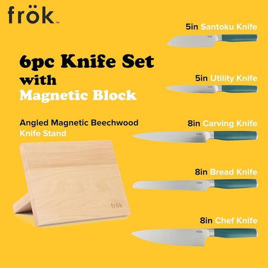 Frok 6 Piece German Steel Knife Set W/Magnetic Block - Green