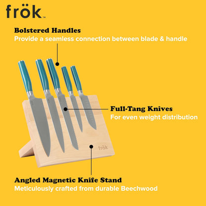 Frok 6 Piece German Steel Knife Set W/Magnetic Block - Green