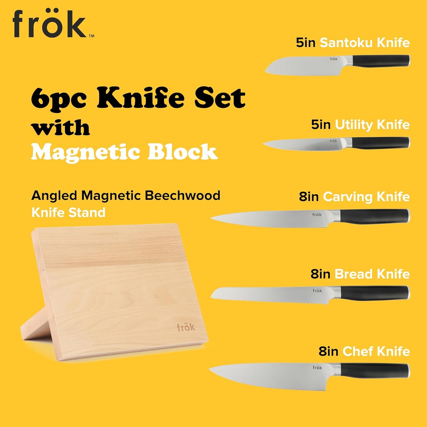 Frok 6 Piece German Steel Knife Set W/Magnetic Block - Green
