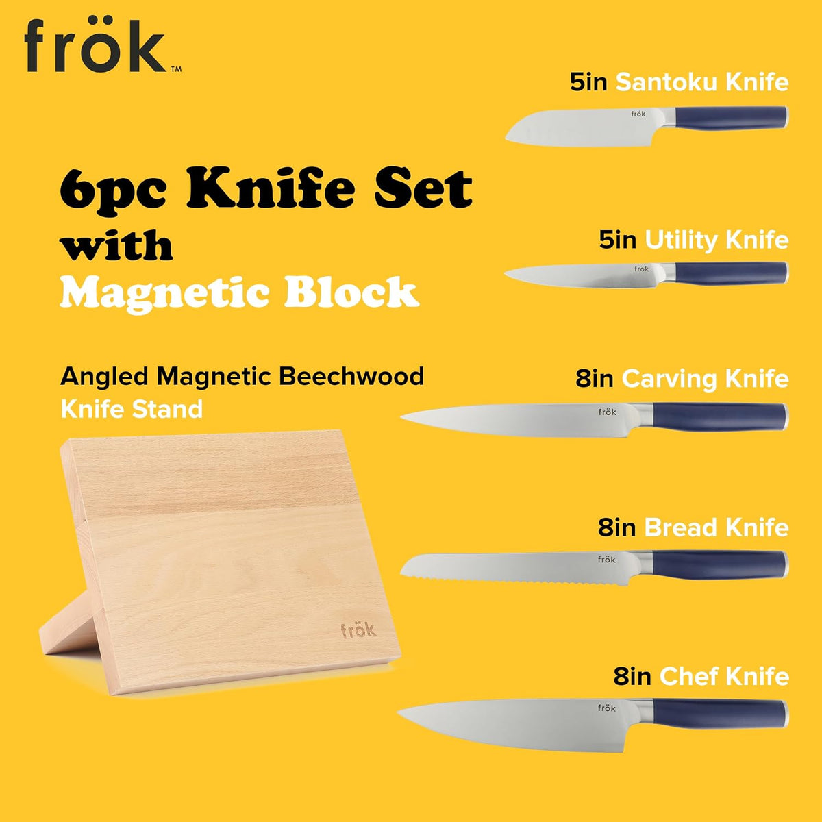 Frok 6 Piece German Steel Knife Set W/Magnetic Block - Green