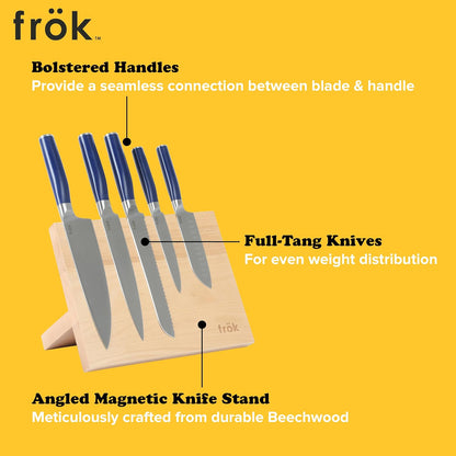 Frok 6 Piece German Steel Knife Set W/Magnetic Block - Green