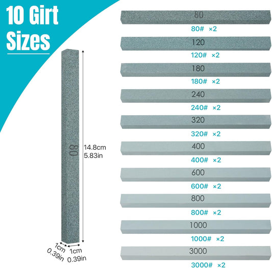 20 Pcs 5.83 Inch Sharpening Stone Set, 10 Girt Sizes Rectangular Sharpening Stone Sticks- 3000# 1000# 800# 600# 400# 320# 240# 180# 120# 80#, Small Sharpening Stones for Knives, Scissors