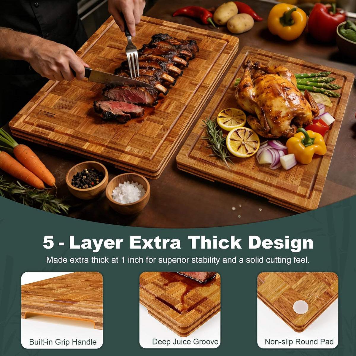 Extra Large Bamboo Cutting Boards, 3-Pack Heavy Duty Bamboo Cutting Boards Set with Juice Grooves & Non-Slip Feet – Extra Large Thick Wood Chopping Board for Meat, Fruits & More, Non-Toxic & Durable