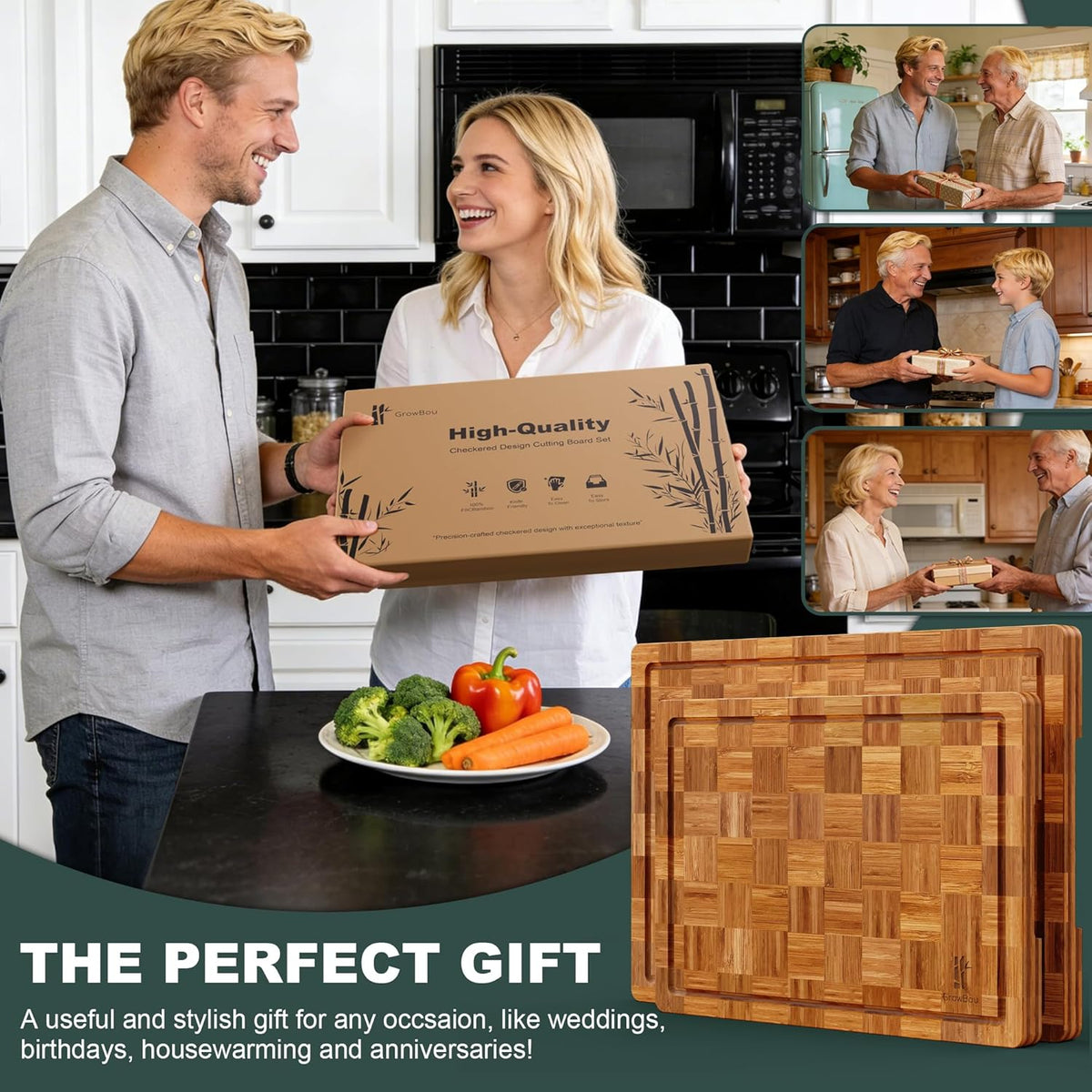 Extra Large Bamboo Cutting Boards, 3-Pack Heavy Duty Bamboo Cutting Boards Set with Juice Grooves & Non-Slip Feet – Extra Large Thick Wood Chopping Board for Meat, Fruits & More, Non-Toxic & Durable