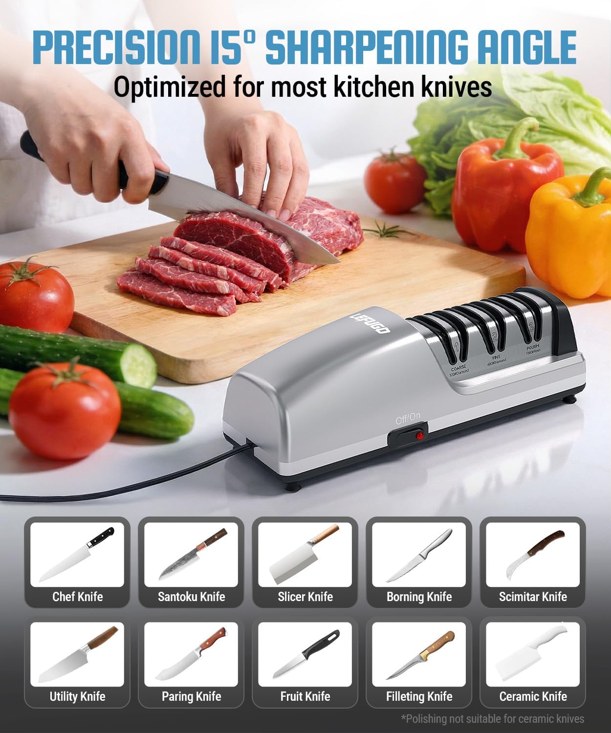 Electric Knife Sharpener for Kitchen Knives, Detachable Sharpening Head, 3-Stage Knife Sharpener Electric, 100% Diamond Abrasive, 15-Degree Precision Angle, Fast Sharpening, Polish (Silver)
