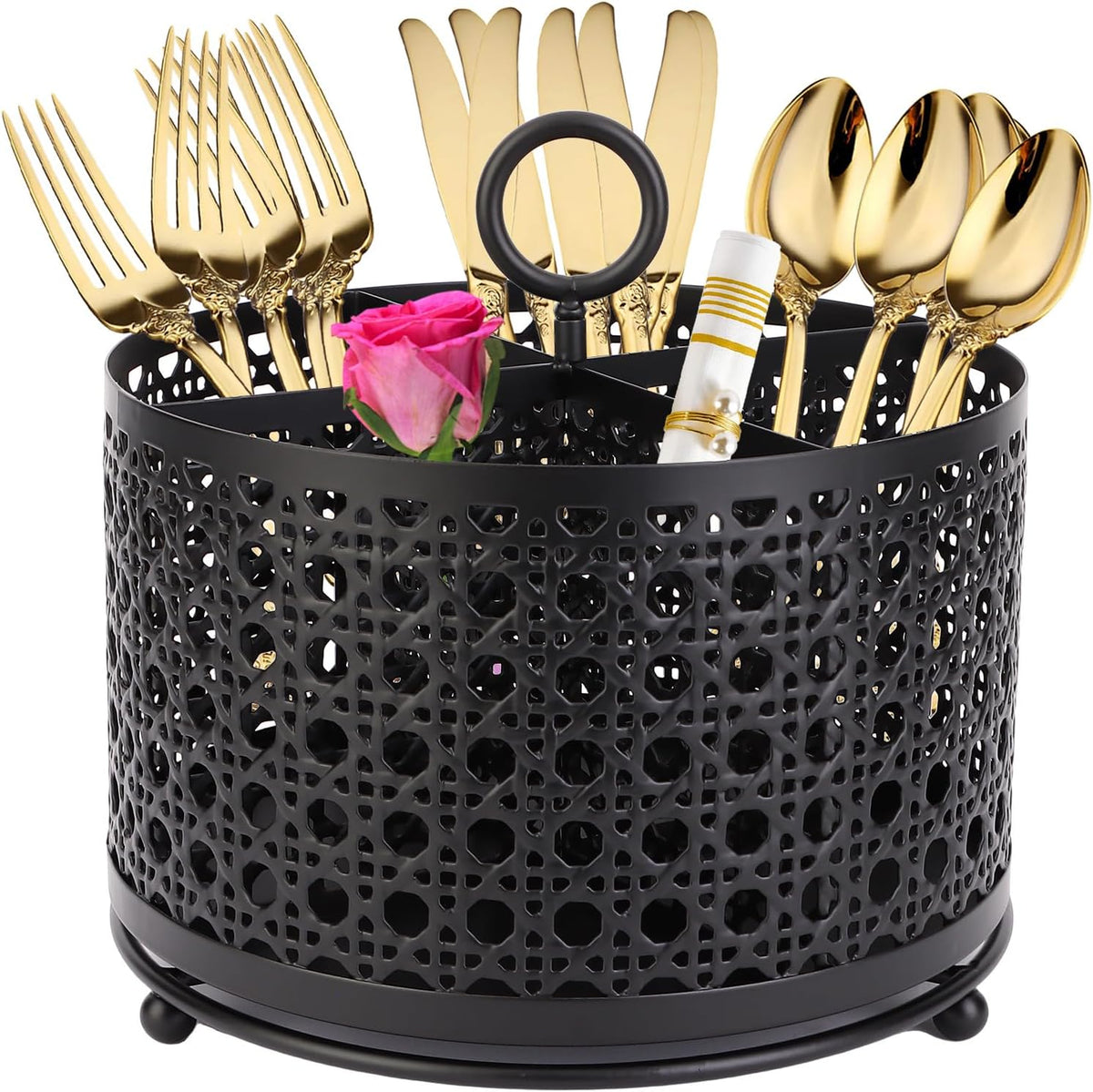 360° Rotating Utensil Caddy With Handle, Cutlery Silverware Caddy Holder Flatware Organizer with 4 Compartment For Kitchen Countertop Party Office Black